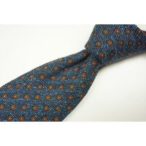 Cesare Attolini Denim Blue Caramel Brown Polkadot Woven Silk Blend Tie BRAND NEW